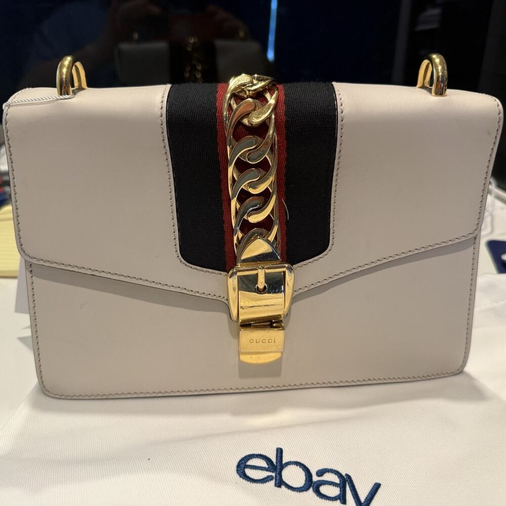 Gucci White GG Sylvie Gold Star Print Runway Edition Shoulder Bag with Authentic